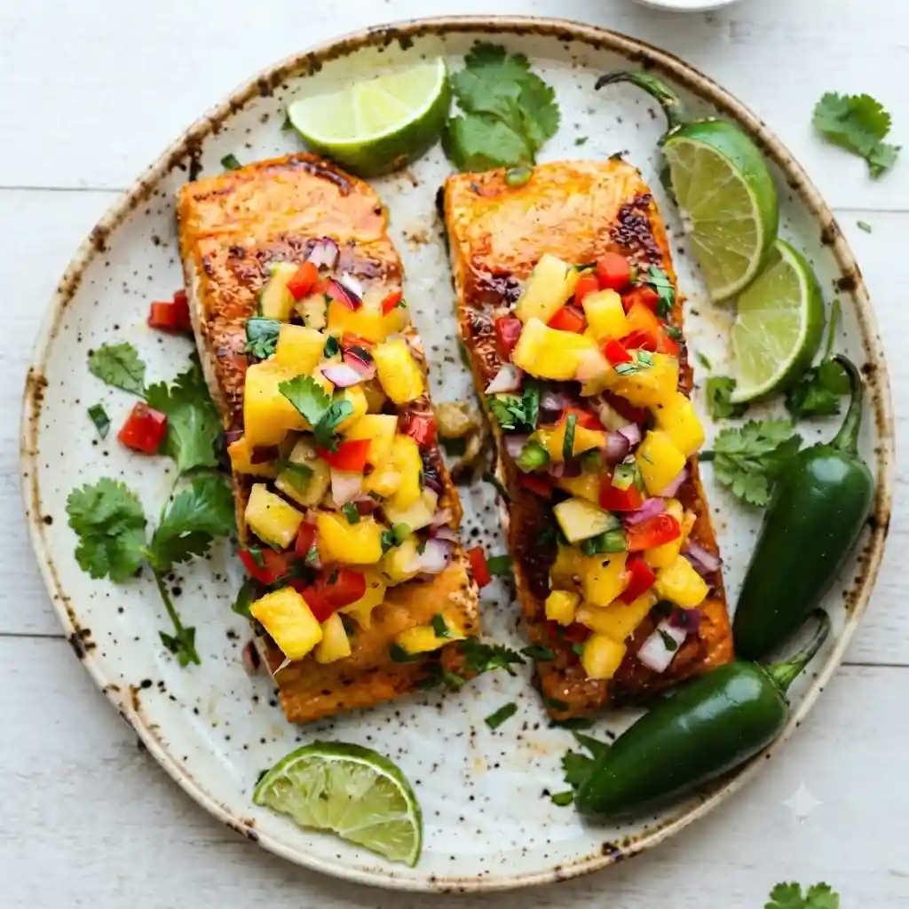 A quick modern bowl of express pan seared mango salsa salmon on a white background.