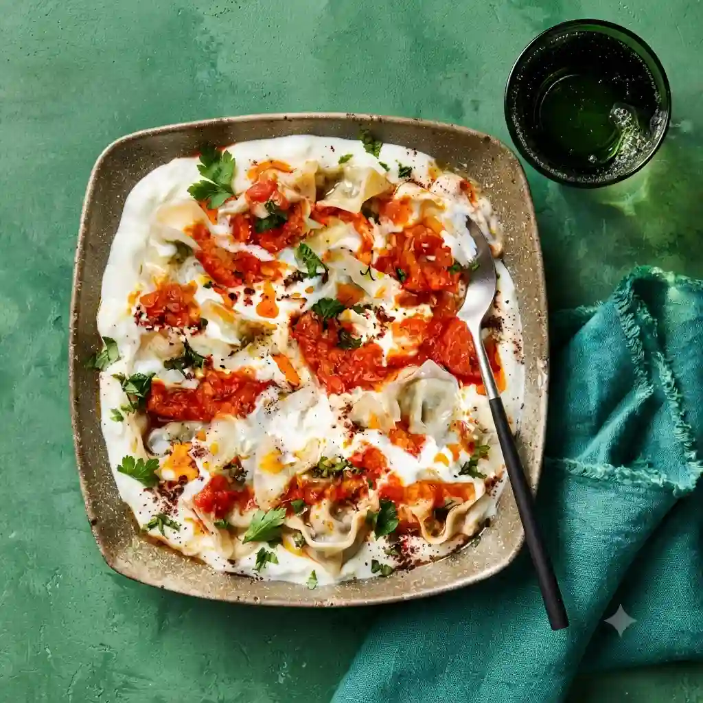 A quick modern bowl of express mushroom manti with tomato sauce and Greek yogurt on a white marble background.