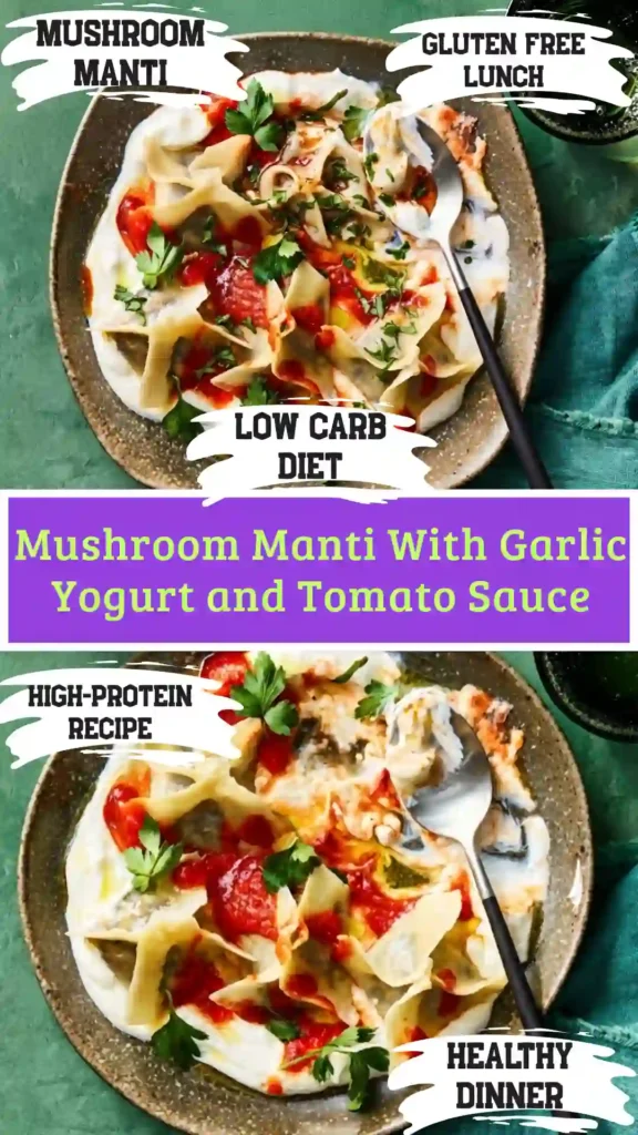 A quick modern bowl of express mushroom manti with tomato sauce and Greek yogurt on a white marble background.