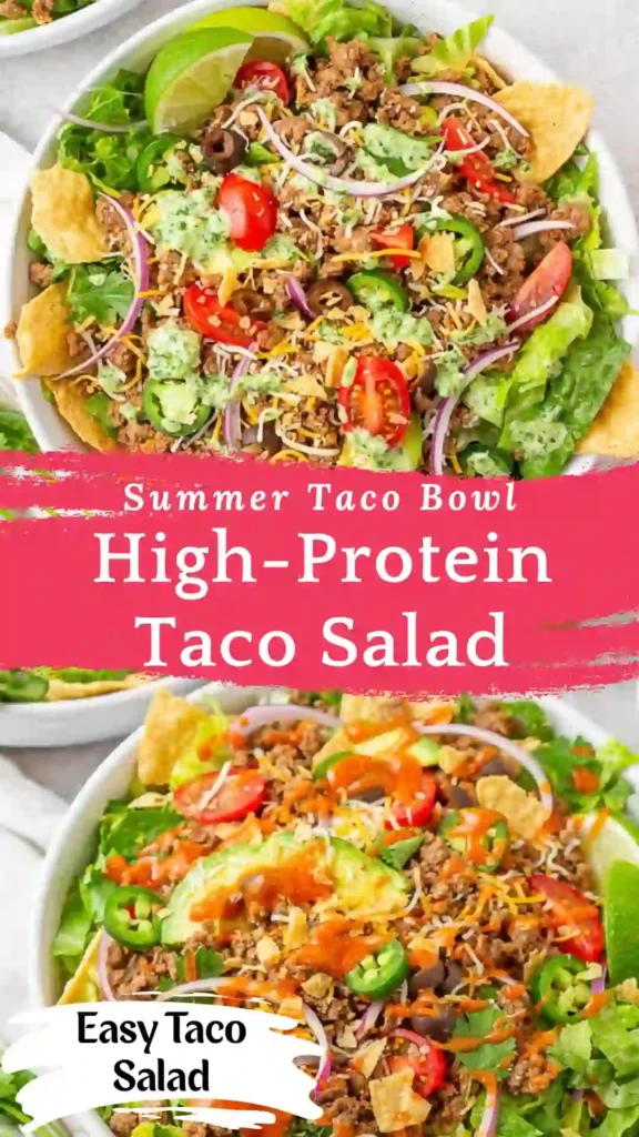 Easy Taco Salad with seasoned beef, lettuce, tomatoes, avocado, cheese, black beans, and tortilla chips.