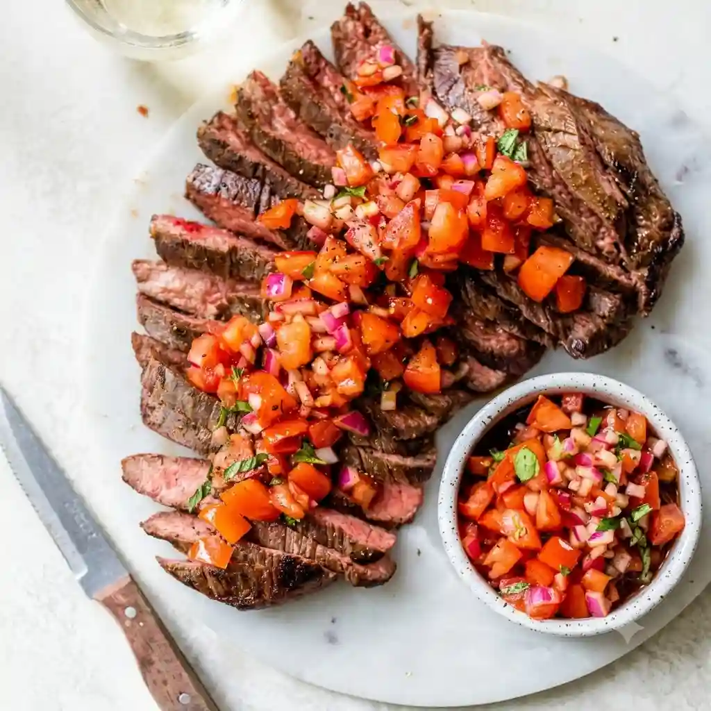 Grilled steak topped with tomatoes, red onion, and balsamic.