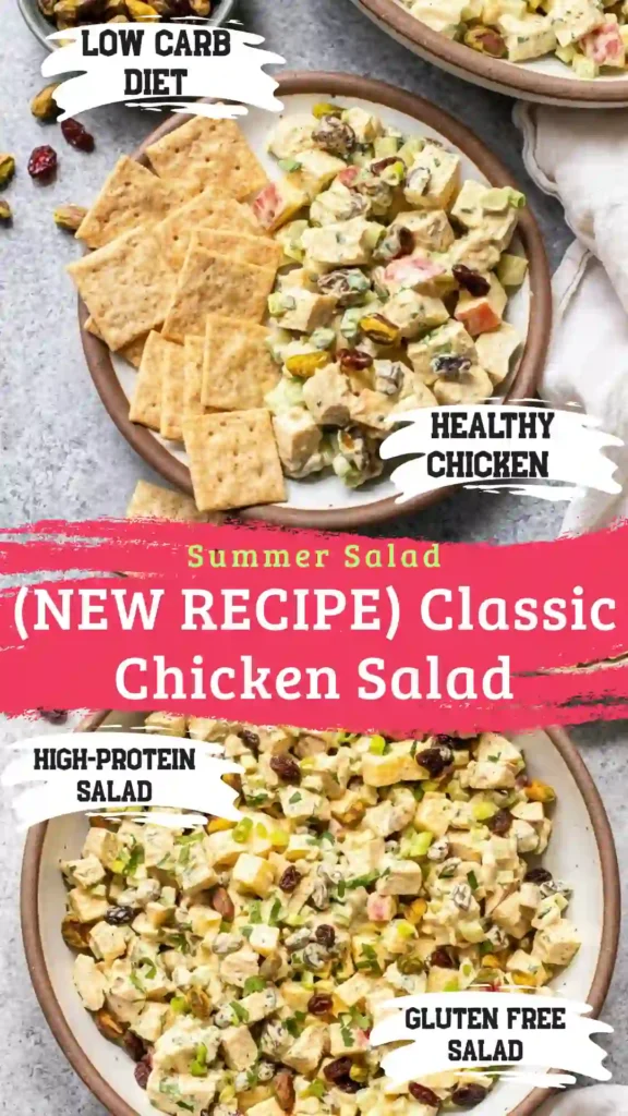 A clean overhead view of a white ceramic bowl filled with creamy classic chicken salad on a bright white marble background.