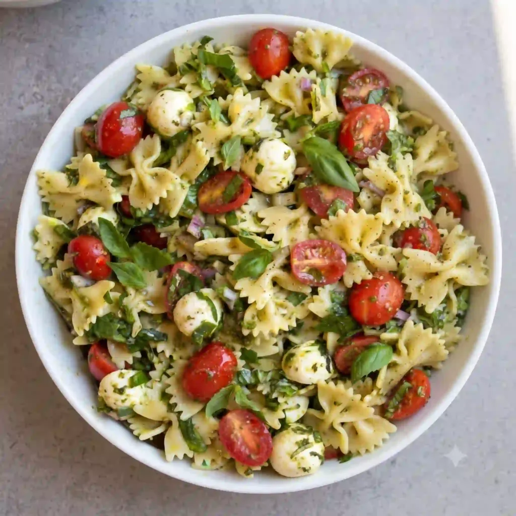 A clear glass mason jar filled with vibrant creamy bow tie pasta salad ready for a quick lunch on a white countertop.