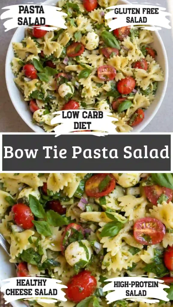 A clear glass mason jar filled with vibrant creamy bow tie pasta salad ready for a quick lunch on a white countertop.