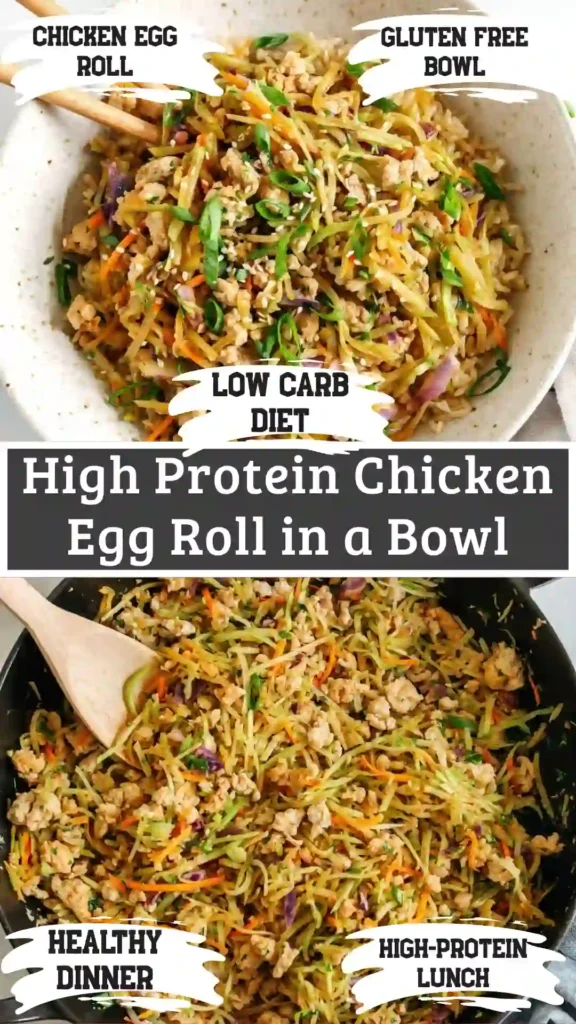 An opened glass meal prep container displaying a fresh, high protein chicken egg roll in a bowl.