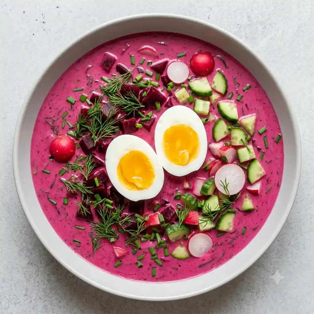 A clear glass mason jar filled with vibrant magenta chilled beet soup ready for a quick lunch on a white countertop.