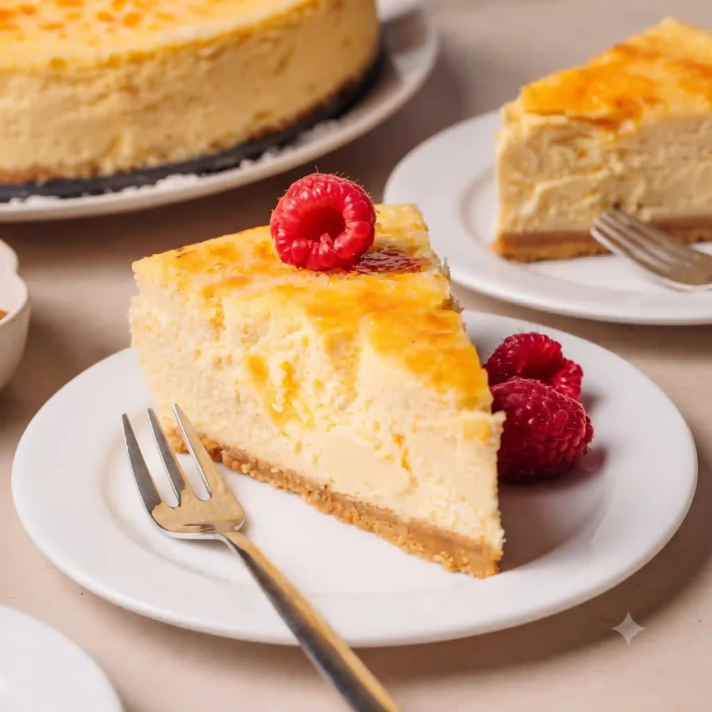 A clear glass jar filled with vibrant creamy crème brûlée cheesecake ready for a quick treat on a white countertop.