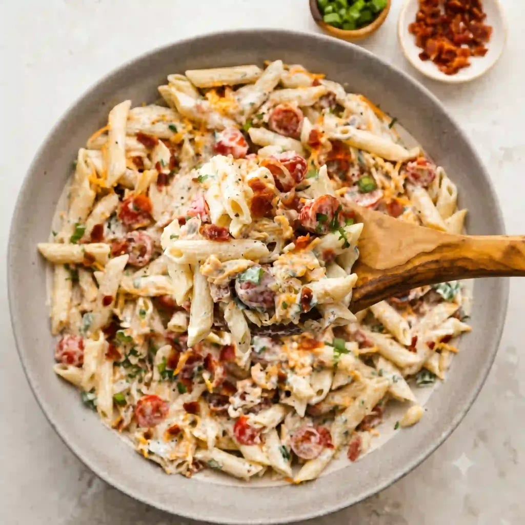 A clear glass mason jar filled with vibrant creamy million dollar pasta salad ready for a quick lunch on a white countertop.