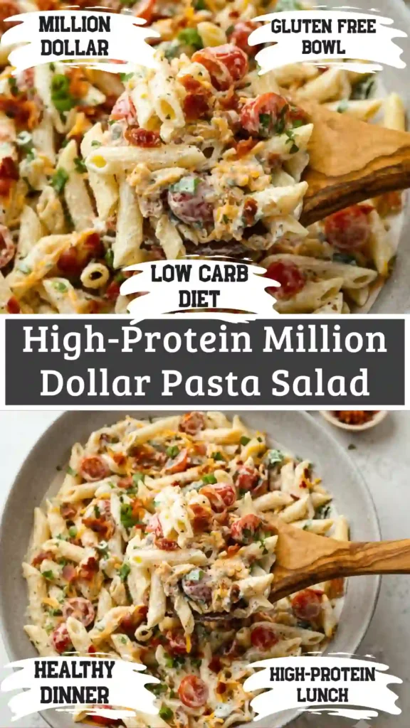 A clear glass mason jar filled with vibrant creamy million dollar pasta salad ready for a quick lunch on a white countertop.