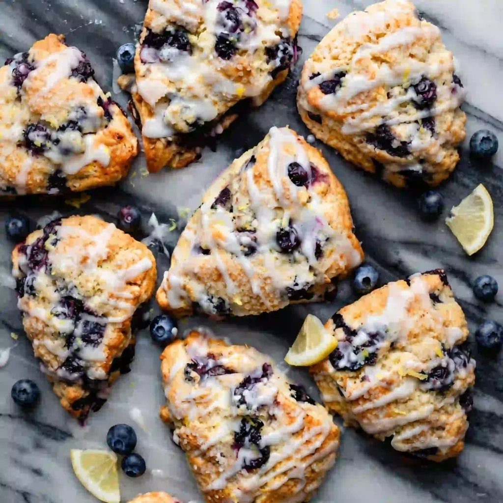 An opened glass meal prep container displaying two fresh, quick baked scones glazed lemon blueberry.
