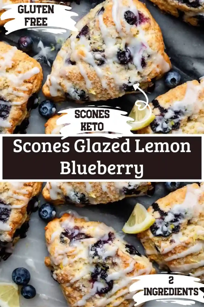 An opened glass meal prep container displaying two fresh, quick baked scones glazed lemon blueberry.