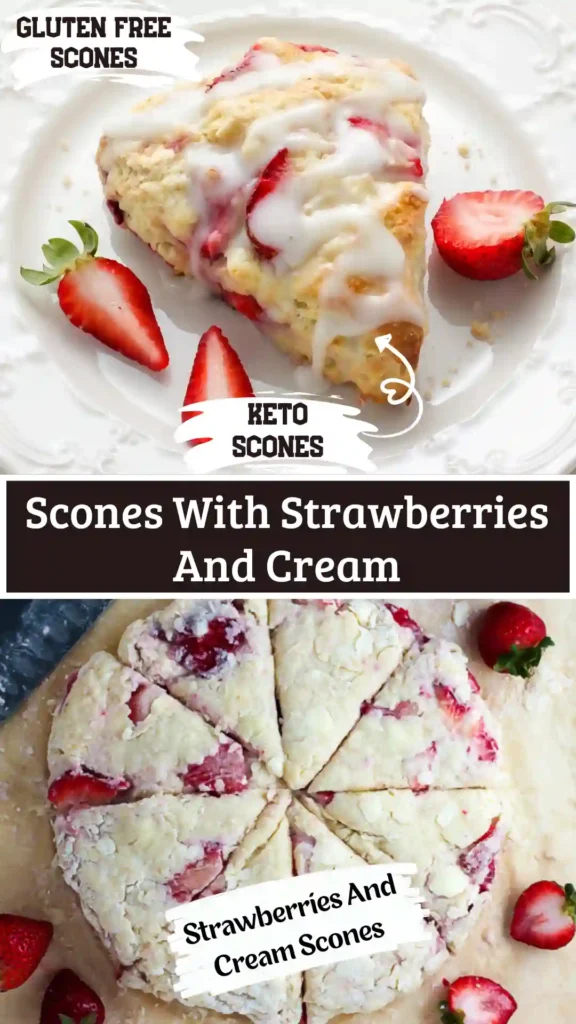 Two quick strawberries and cream scones on a white porcelain plate next to coffee.