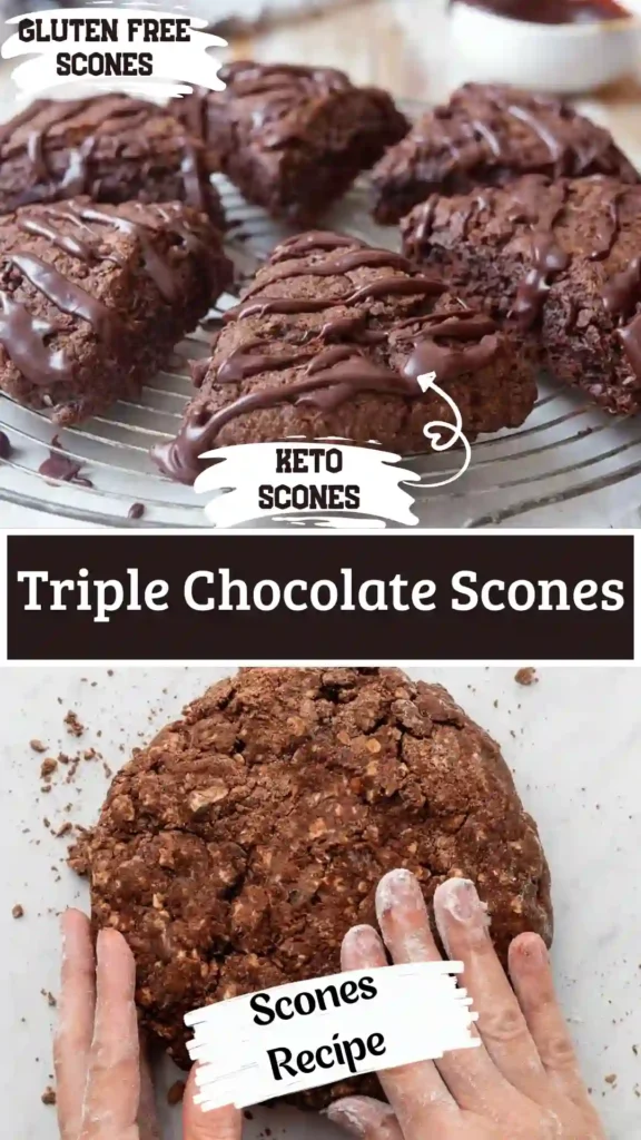 Glazed Triple Chocolate Scones with chocolate drizzle on a marble table.