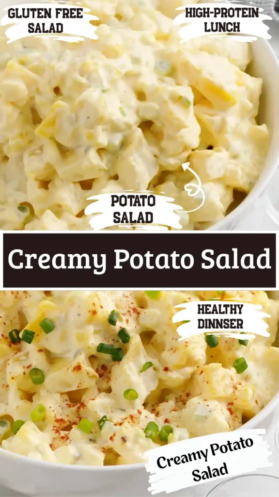 Creamy Potato Salad Recipe garnished with fresh dill and paprika.