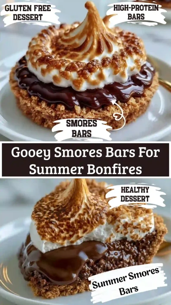 Gooey Smores Bars For Summer Bonfires stacked on a wooden table.