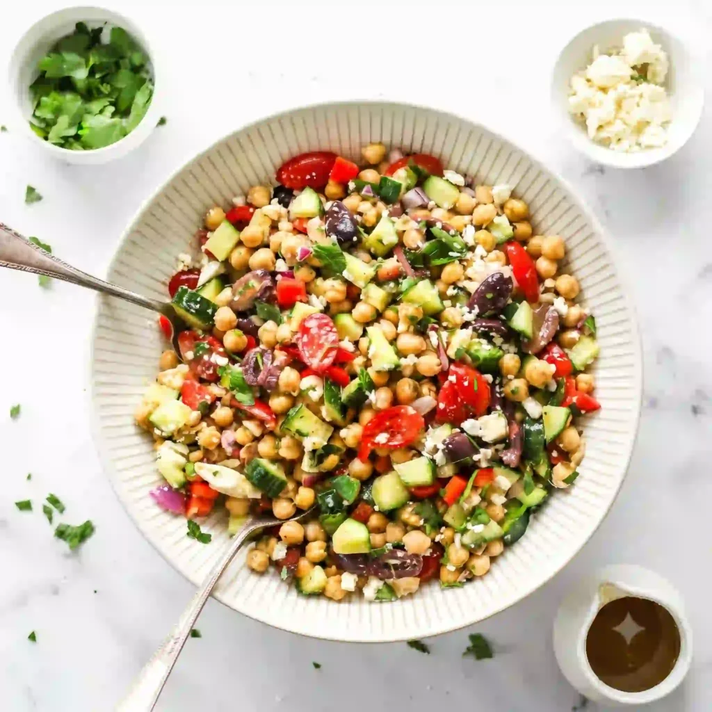 Mediterranean Chickpea Salad with cucumbers, tomatoes, olives, and feta cheese.