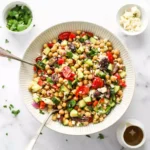 Mediterranean Chickpea Salad with cucumbers, tomatoes, olives, and feta cheese.