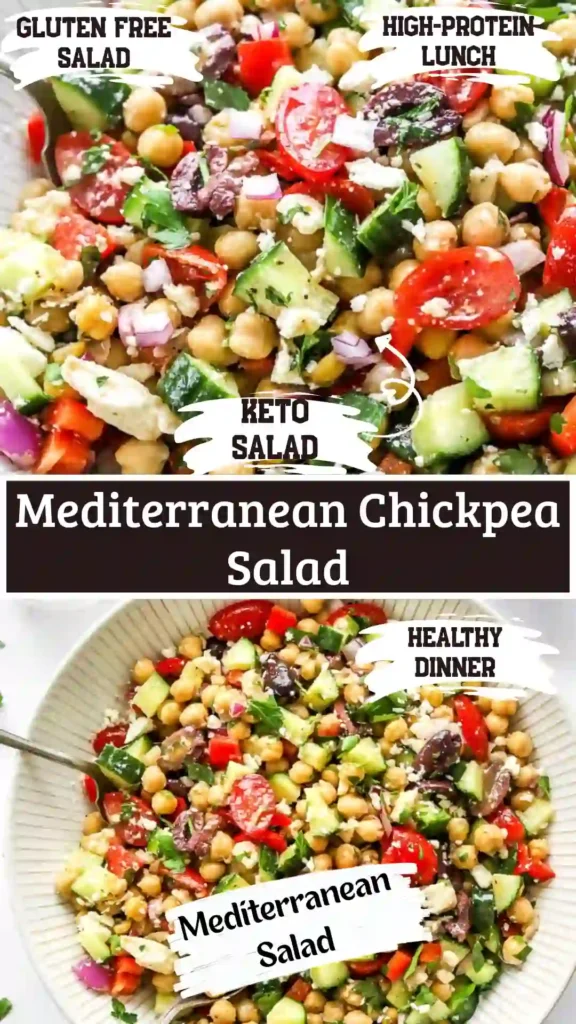 Mediterranean Chickpea Salad with cucumbers, tomatoes, olives, and feta cheese.