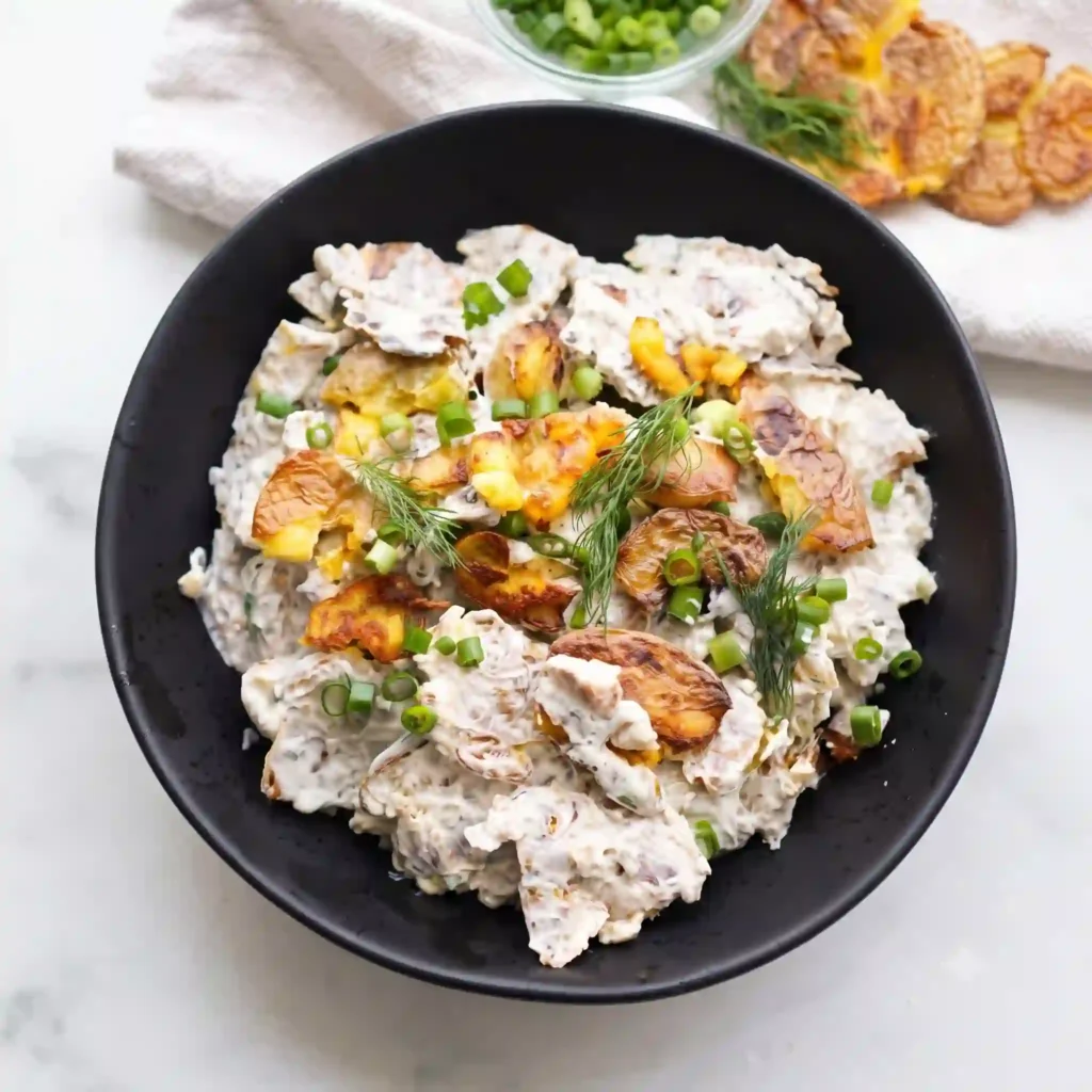 Viral Green Crispy Potato Salad with golden smashed potatoes and green goddess herb dressing.